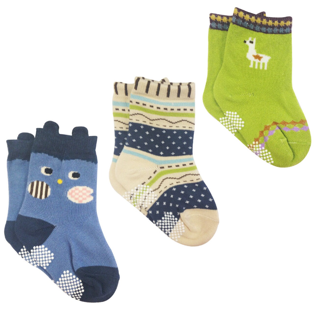 Wrapables Peek A Boo Animal Non-Skid Toddler Socks (Set of 3), Owl Small